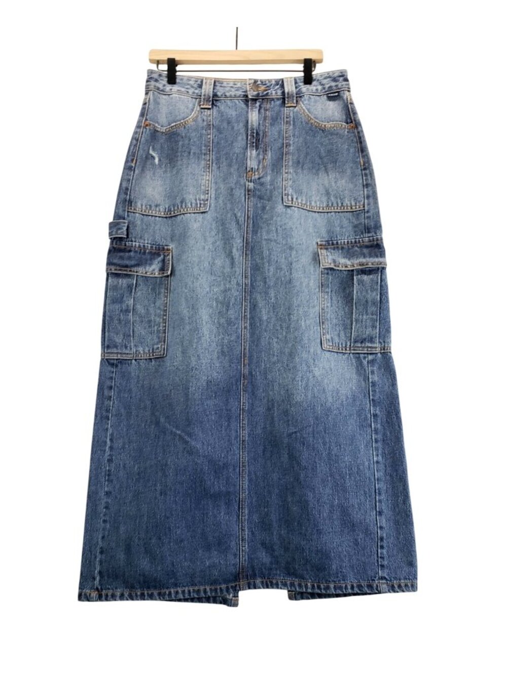 Blue Jean Cargo Maxi Skirt M by Cello Denim Pockets Back Slit Distress Look